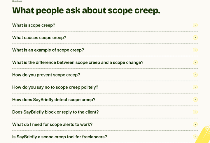 What People Ask About Scope Creep section from SayBriefly