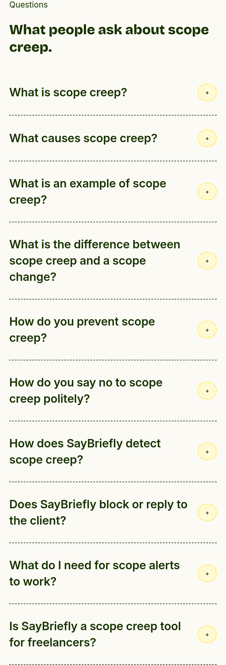 What People Ask About Scope Creep section from SayBriefly, on a phone