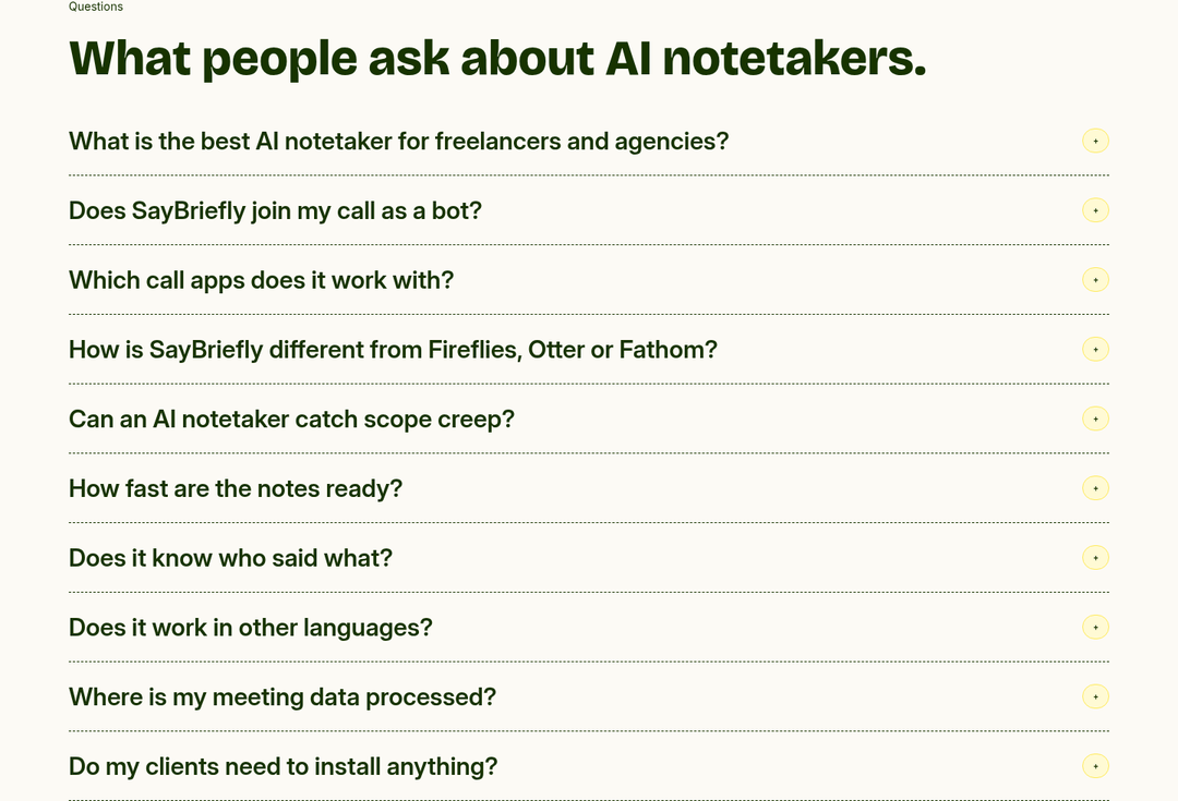 What People Ask About AI Notetakers section from SayBriefly