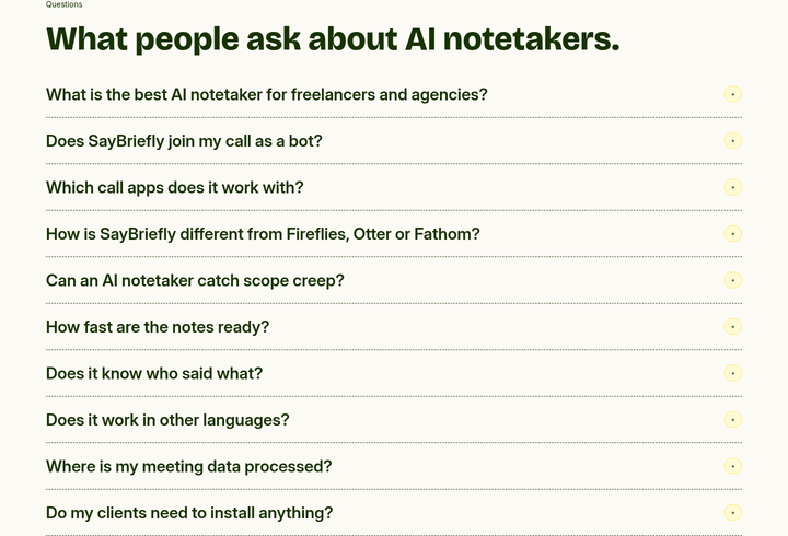 What People Ask About AI Notetakers section from SayBriefly