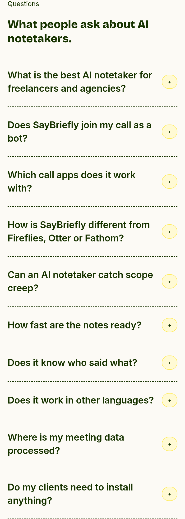What People Ask About AI Notetakers section from SayBriefly, on a phone