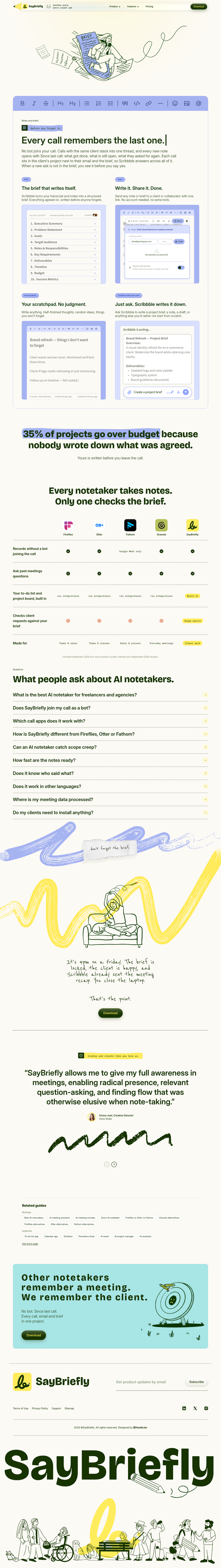 AI Notetaker page from SayBriefly