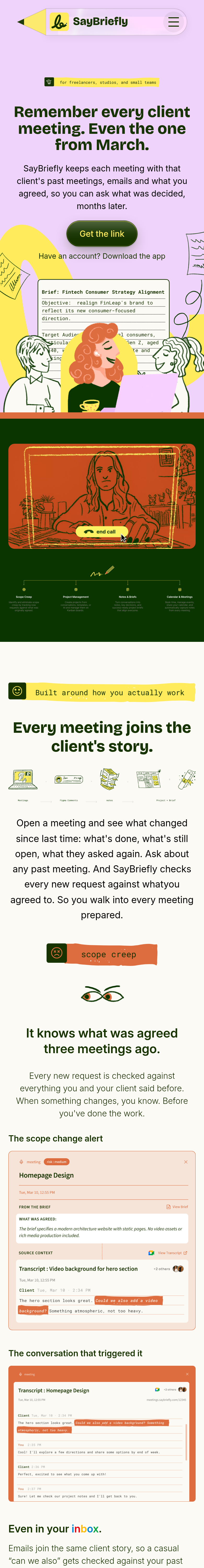 Home page of the SayBriefly website, on a phone
