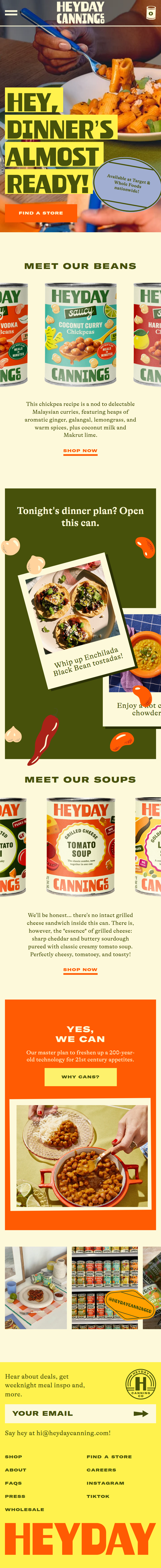 Home page of Heyday Canning, on a phone