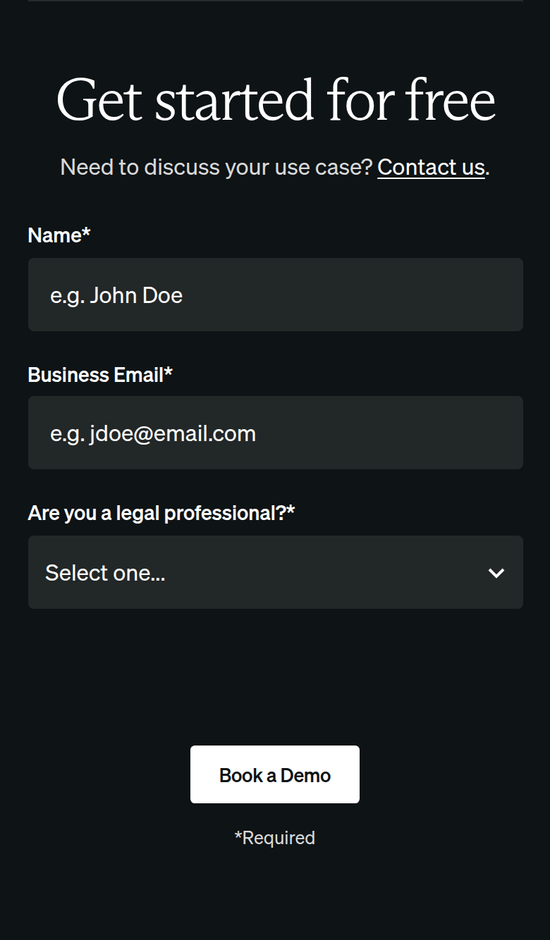 Get Started Form section from Spellbook, on a phone
