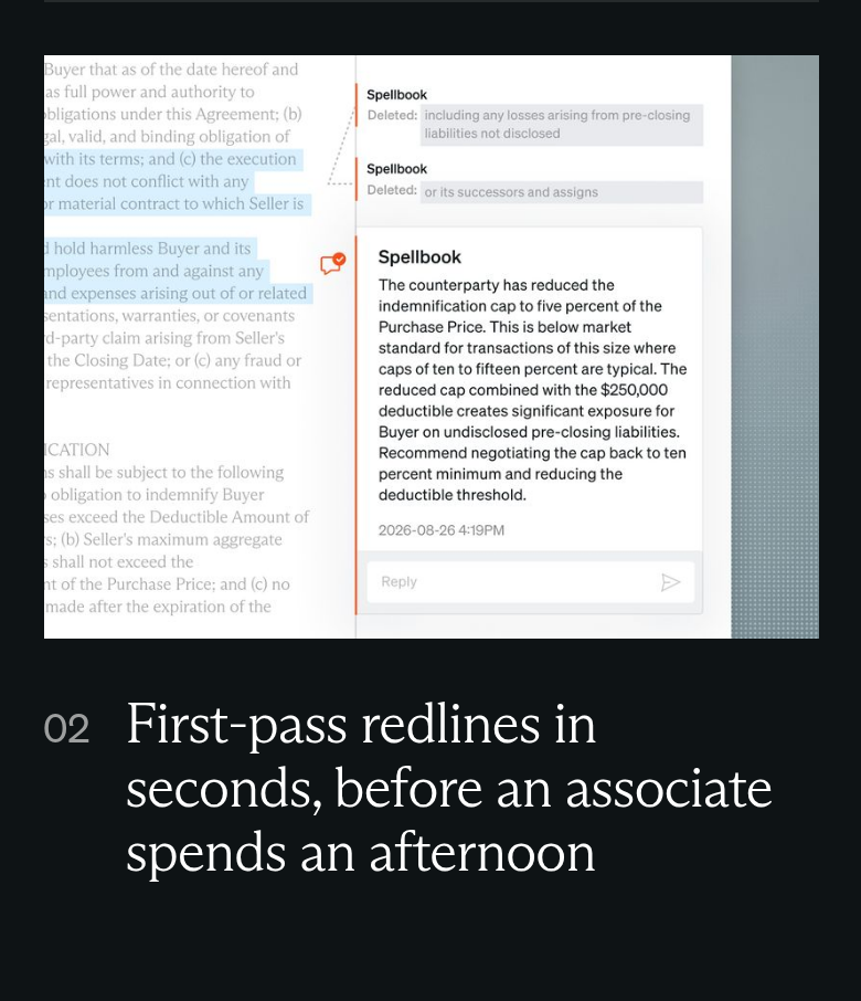 First-Pass Redlines section from Spellbook, on a phone