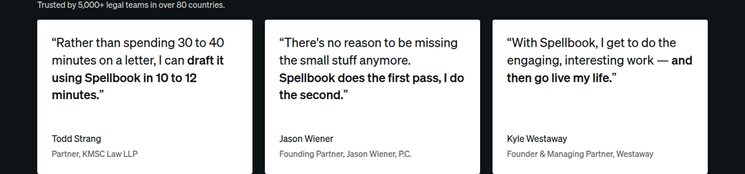 Lawyer Testimonials section from Spellbook