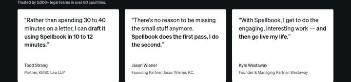 Lawyer Testimonials section from Spellbook