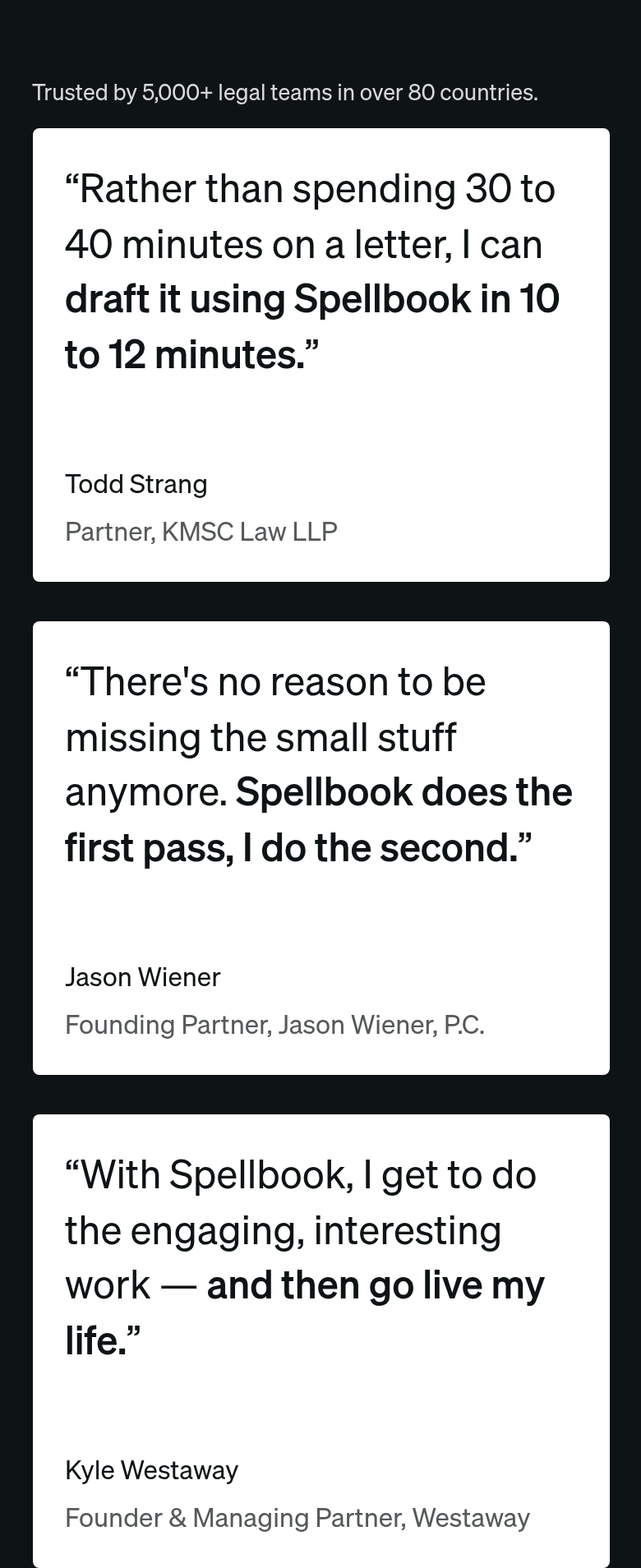 Lawyer Testimonials section from Spellbook, on a phone