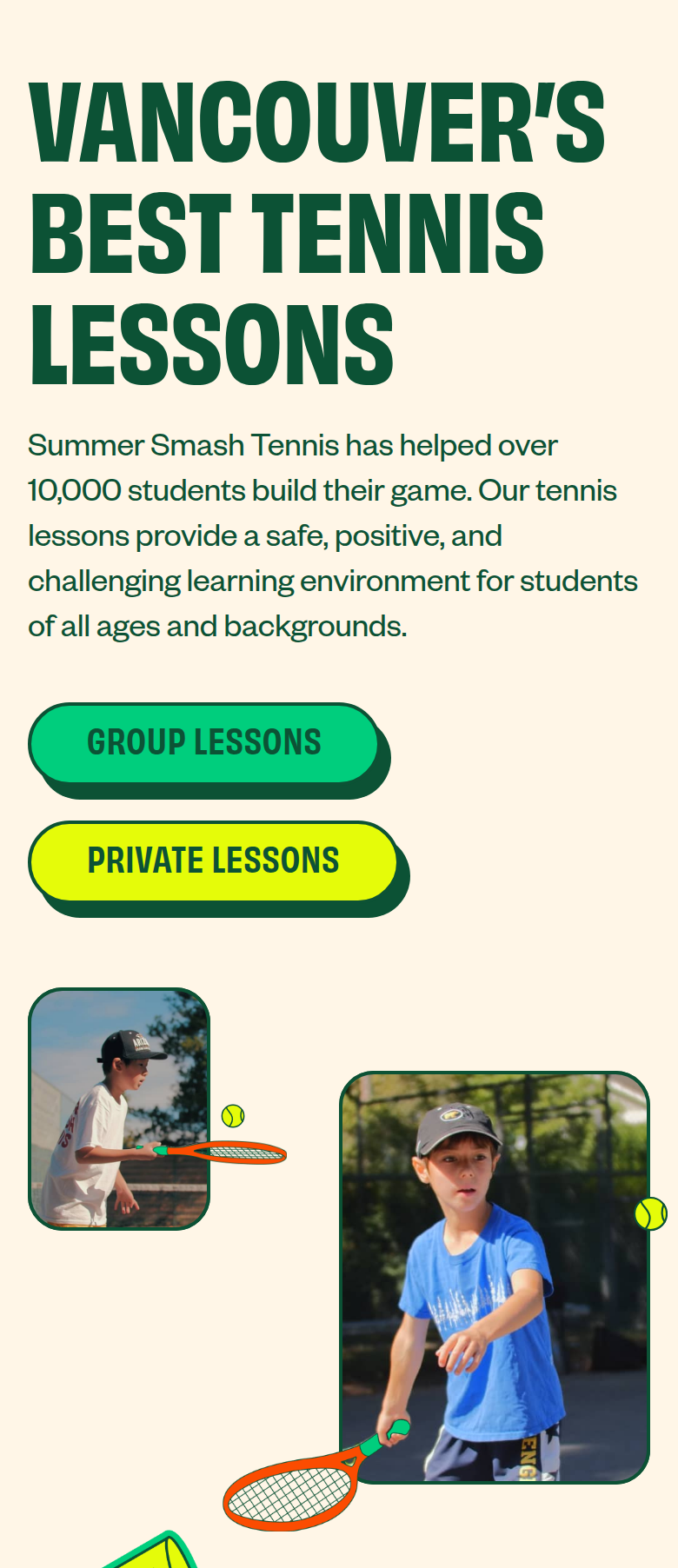 Vancouver's Best Tennis Lessons section from Summer Smash Tennis, on a phone