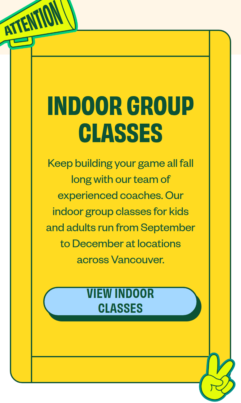 Indoor Group Classes section from Summer Smash Tennis, on a phone