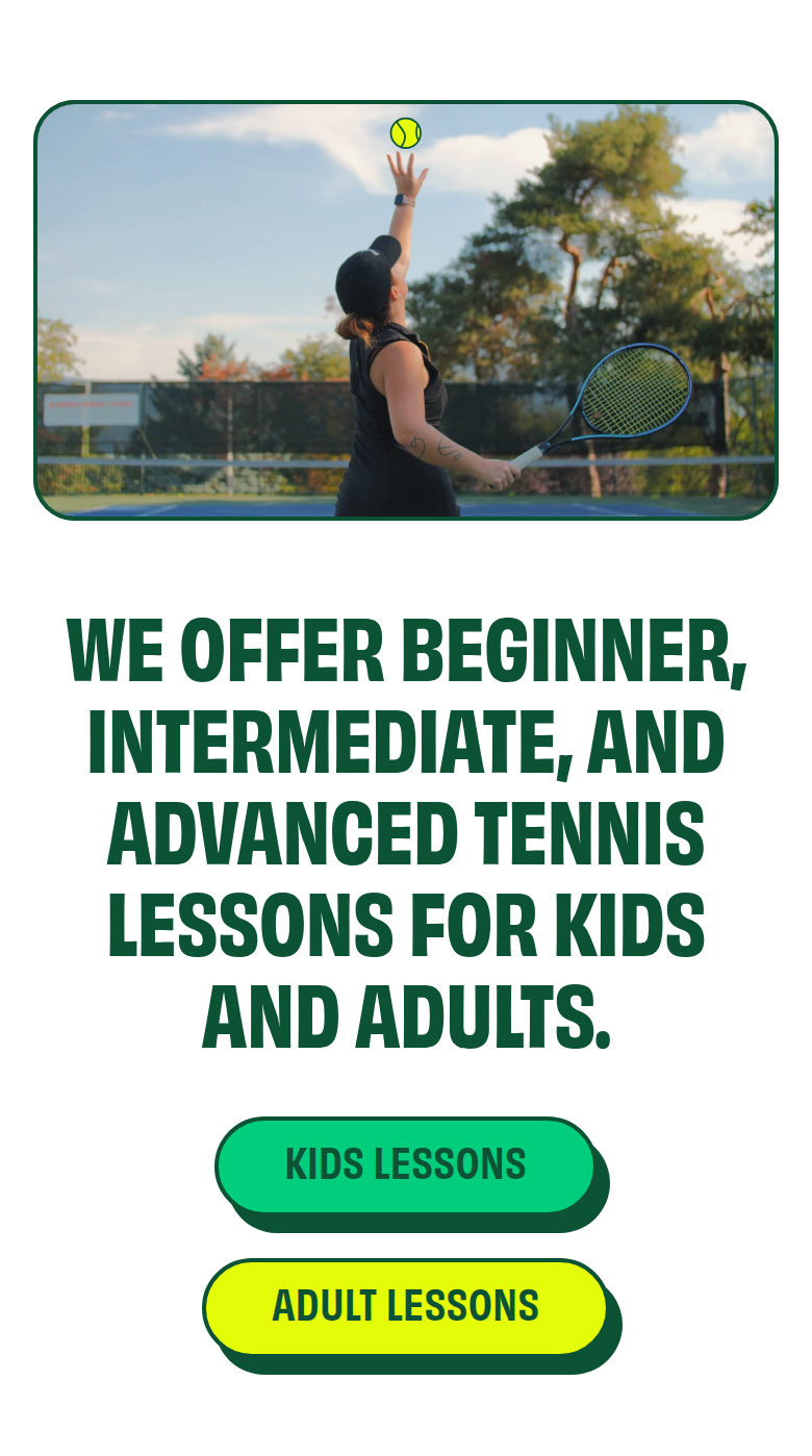 Lessons for Kids and Adults section from Summer Smash Tennis, on a phone