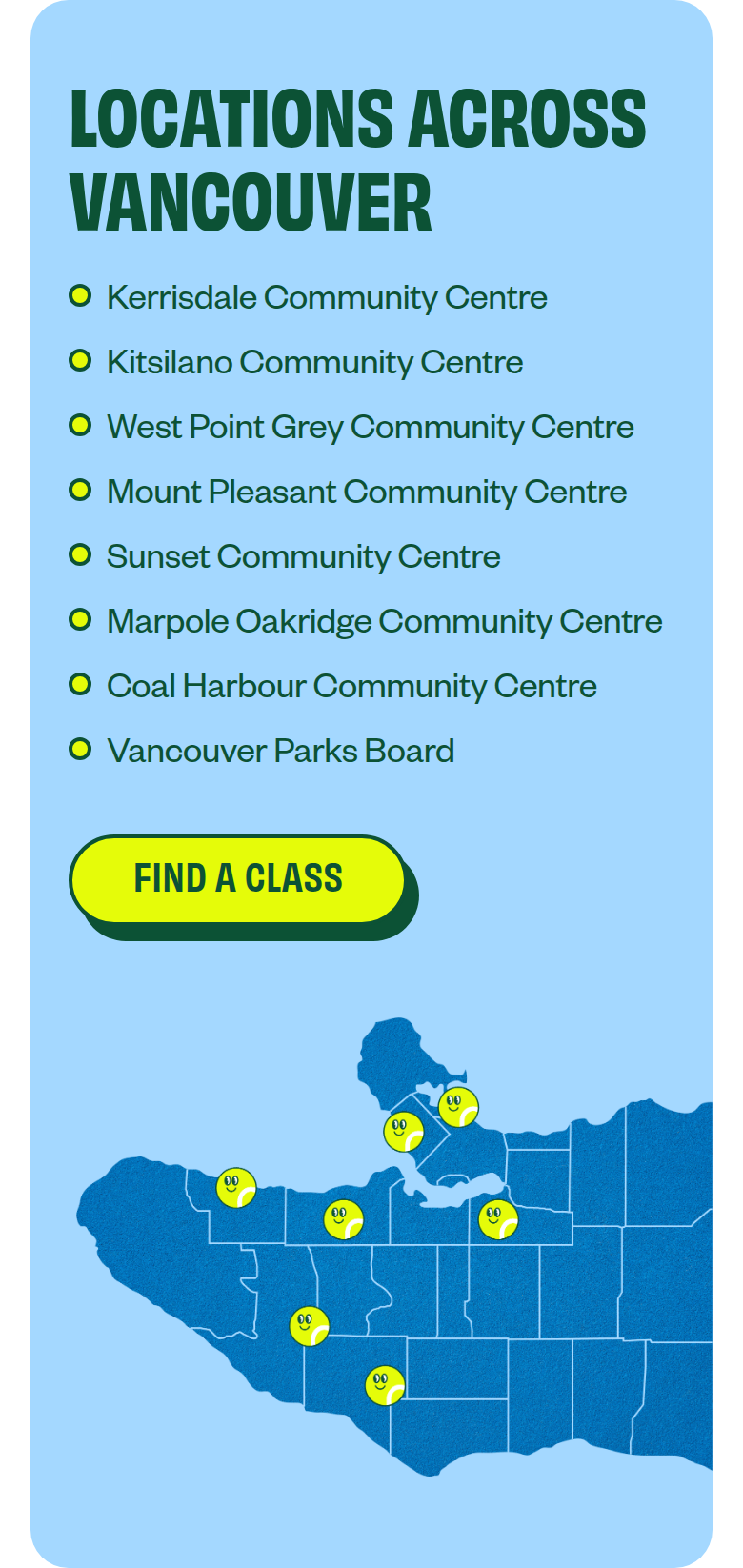 Locations Across Vancouver section from Summer Smash Tennis, on a phone