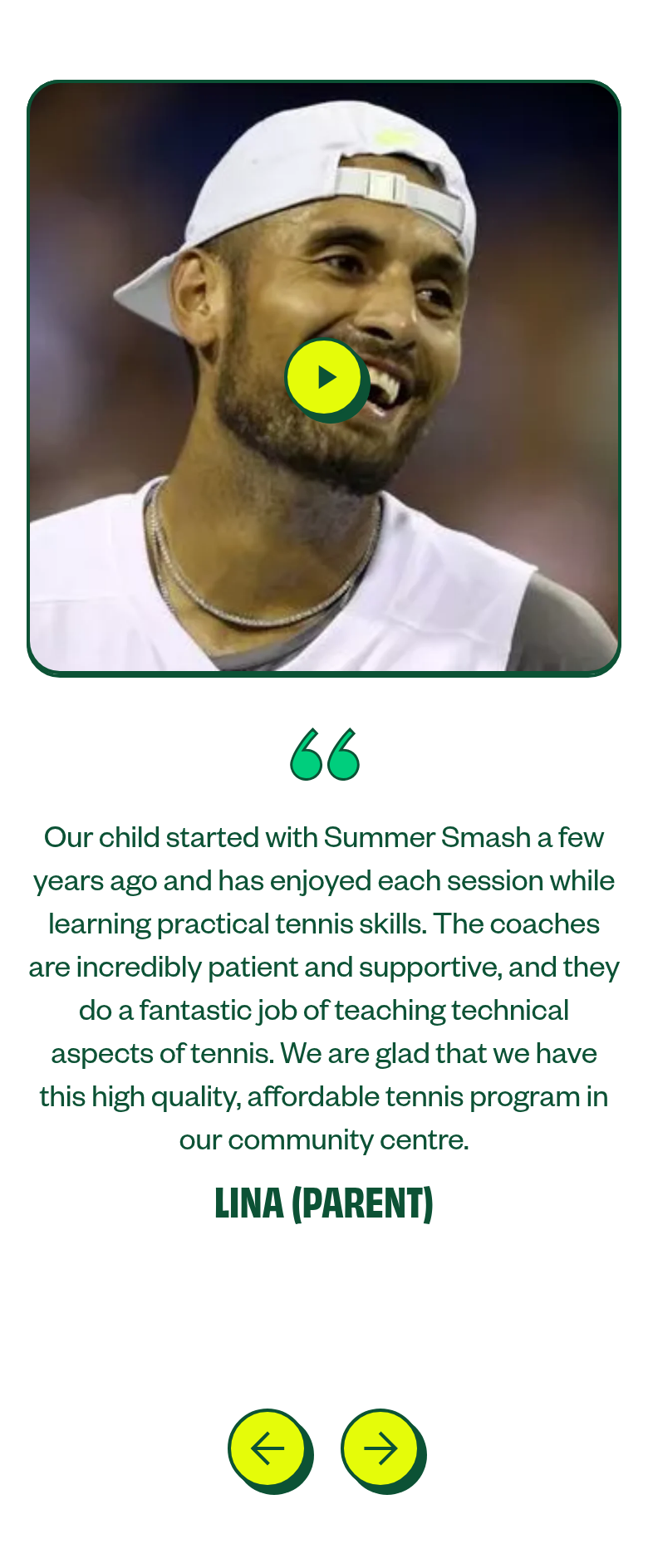 What Parents Say section from Summer Smash Tennis, on a phone