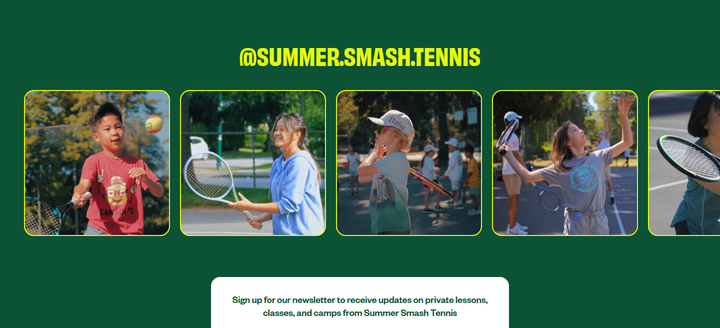 Instagram and Newsletter section from Summer Smash Tennis