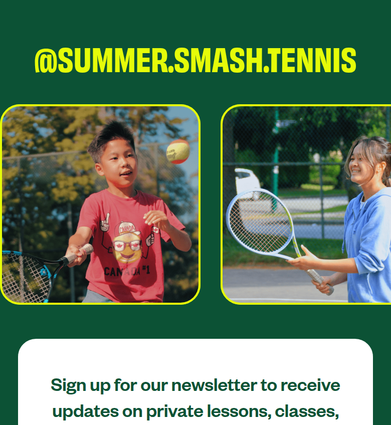 Instagram and Newsletter section from Summer Smash Tennis, on a phone