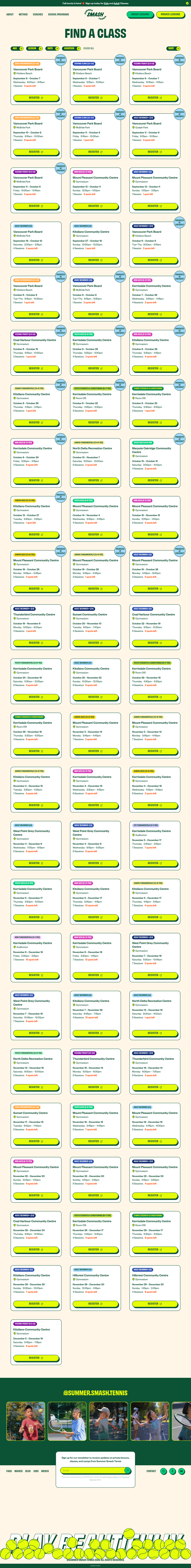 Find a Class page of Summer Smash Tennis
