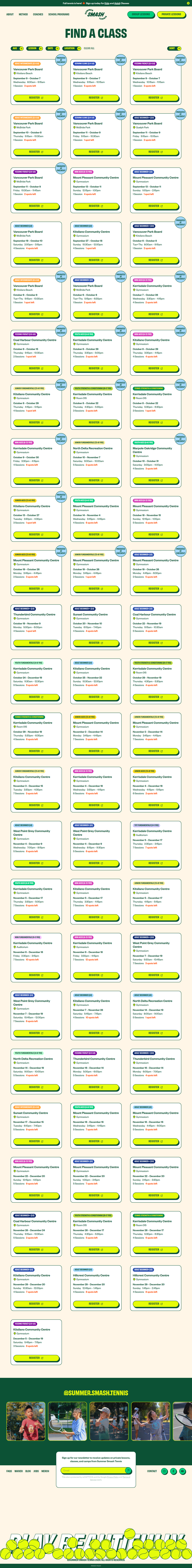 Find a Class page from Summer Smash Tennis