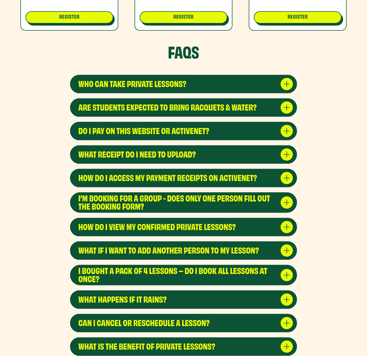 Private Lesson FAQs section from Summer Smash Tennis