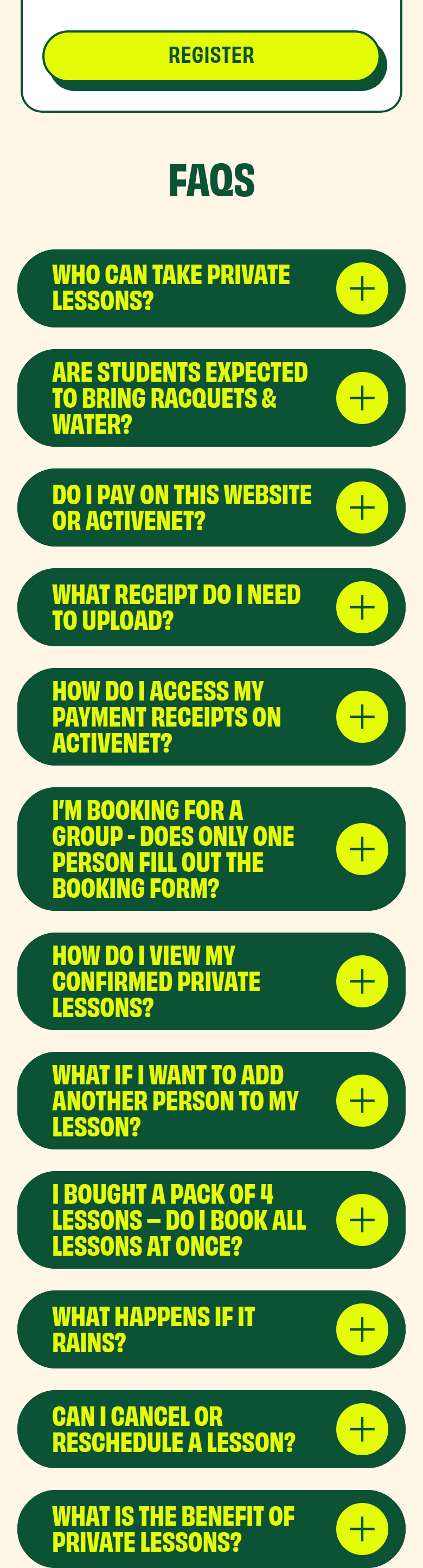 Private Lesson FAQs section from Summer Smash Tennis, on a phone