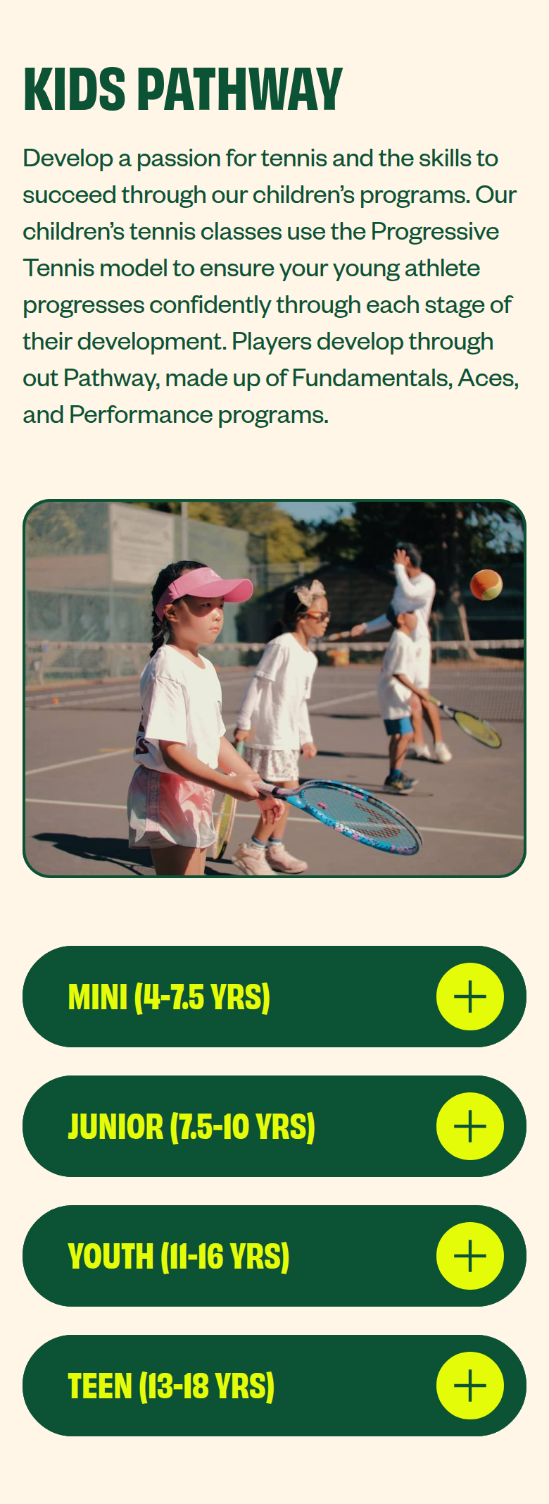 Kids Pathway section from Summer Smash Tennis, on a phone