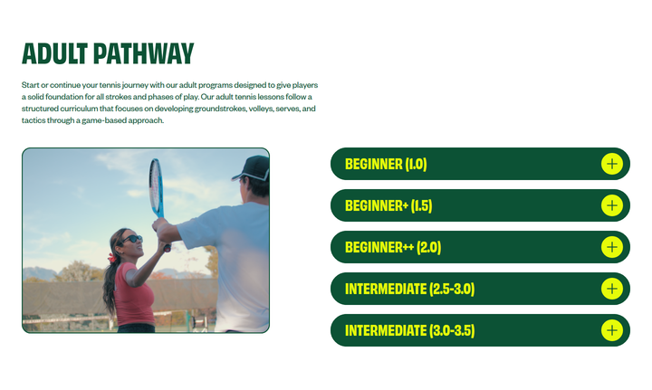 Adult Pathway section from Summer Smash Tennis