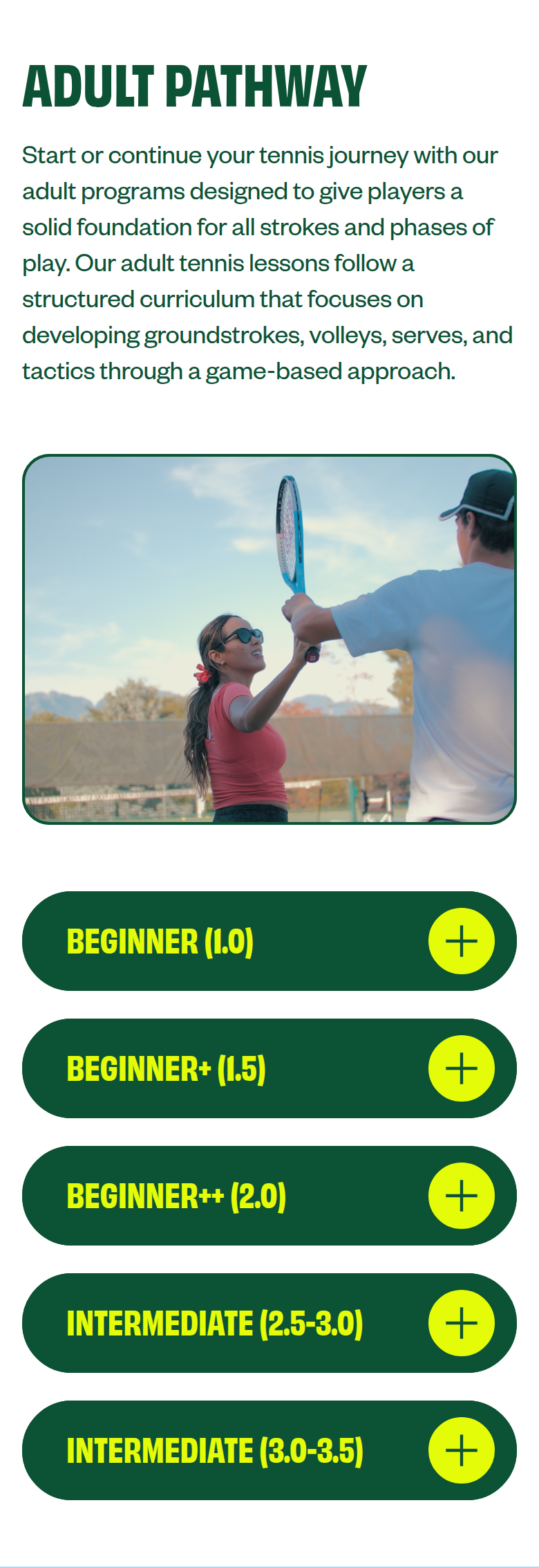 Adult Pathway section from Summer Smash Tennis, on a phone