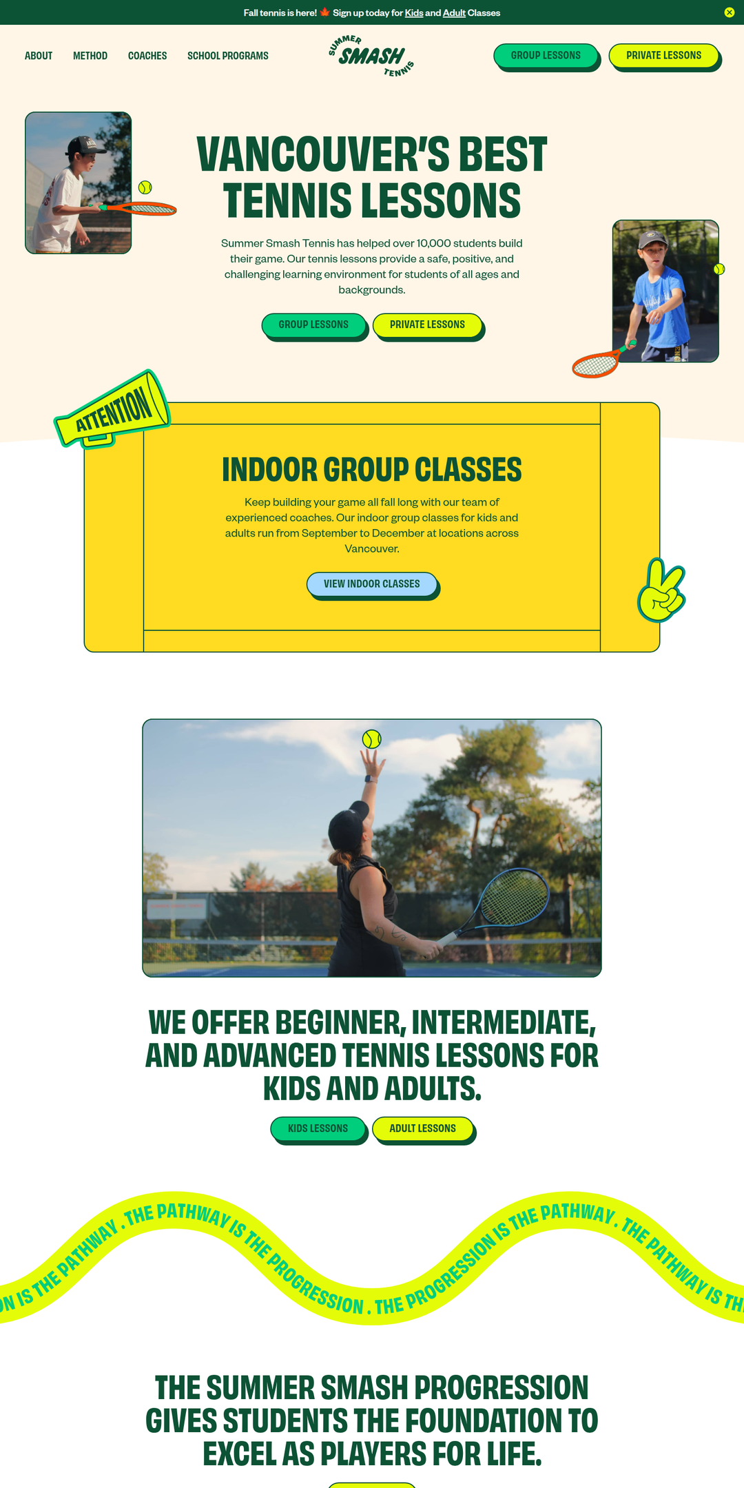 Home page of the Summer Smash Tennis website
