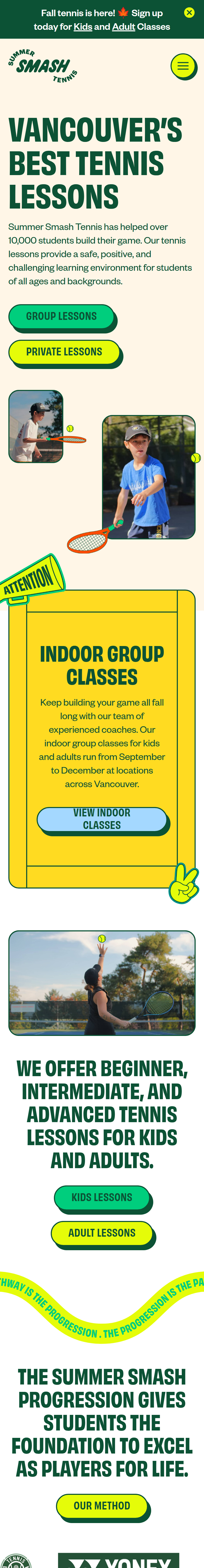 Home page of the Summer Smash Tennis website, on a phone