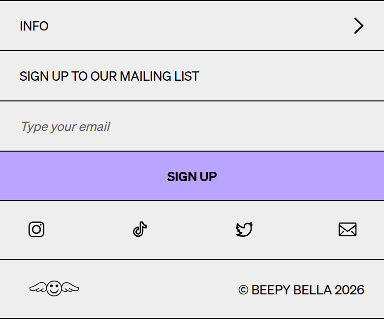 Mailing List and Footer section from Beepy Bella, on a phone