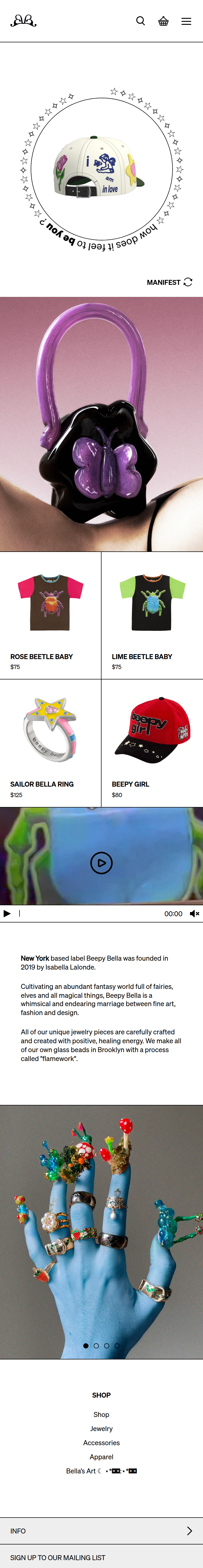Home page of the Beepy Bella website, on a phone