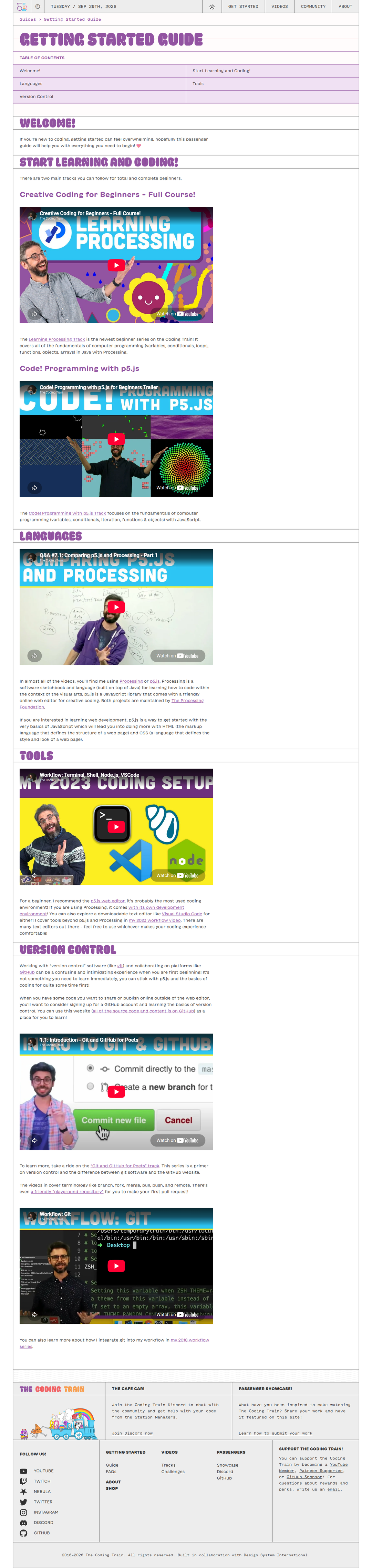 Getting Started Guide page of The Coding Train