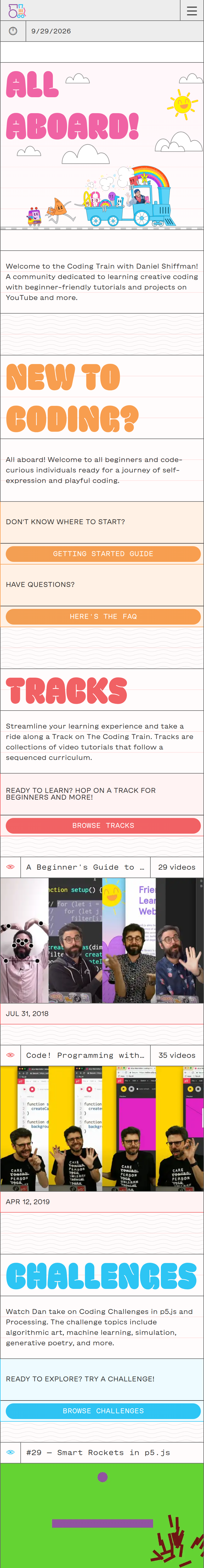 Home page of the The Coding Train website, on a phone