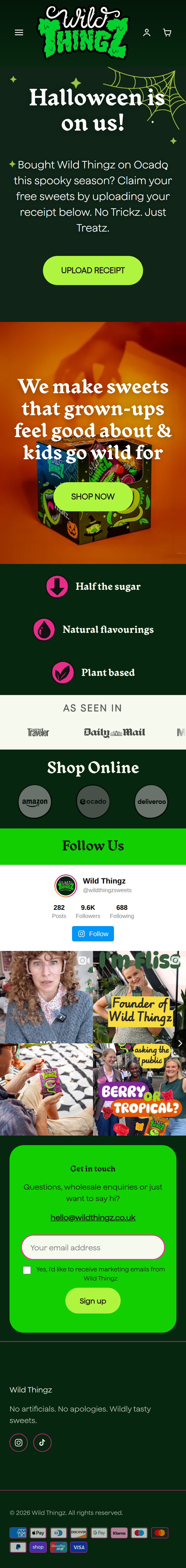 Home page of Wild Thingz, on a phone