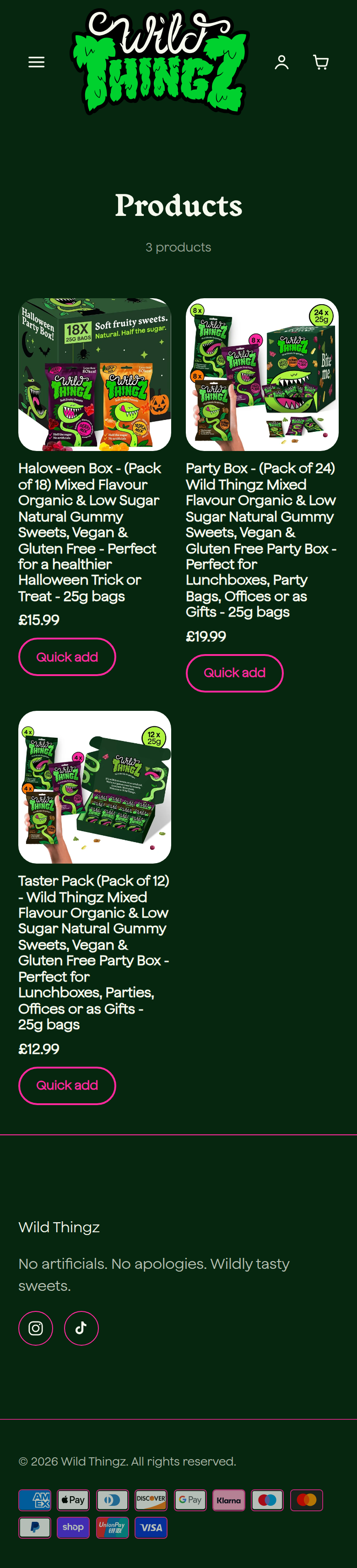 Shop page of Wild Thingz, on a phone