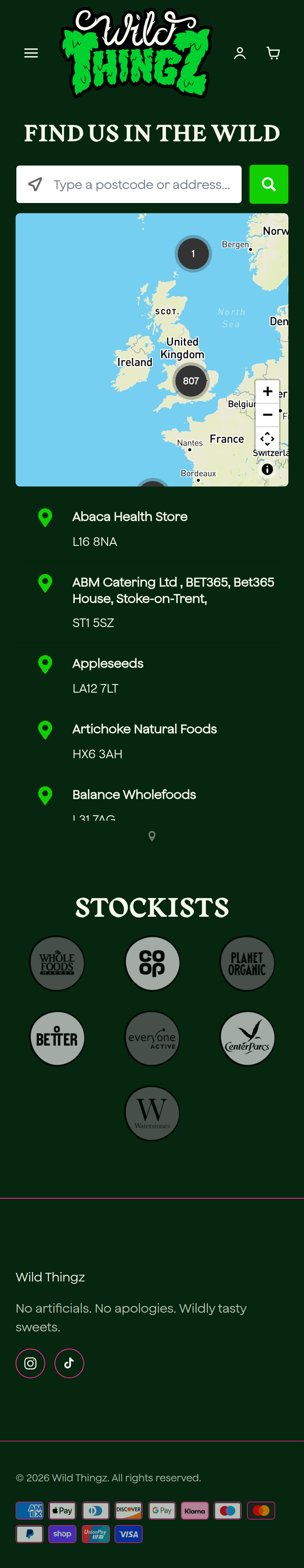 Find Us in the Wild page of Wild Thingz, on a phone