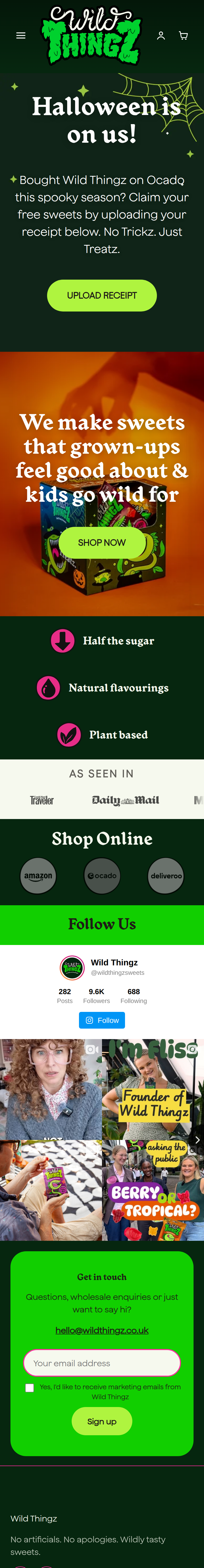 Home page of the Wild Thingz website, on a phone