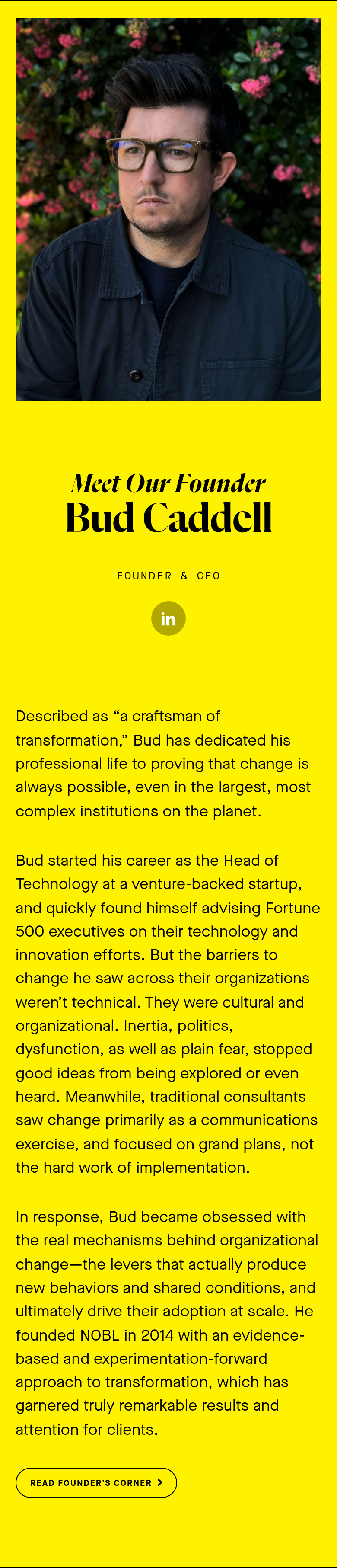 Meet Our Founder section from NOBL, on a phone