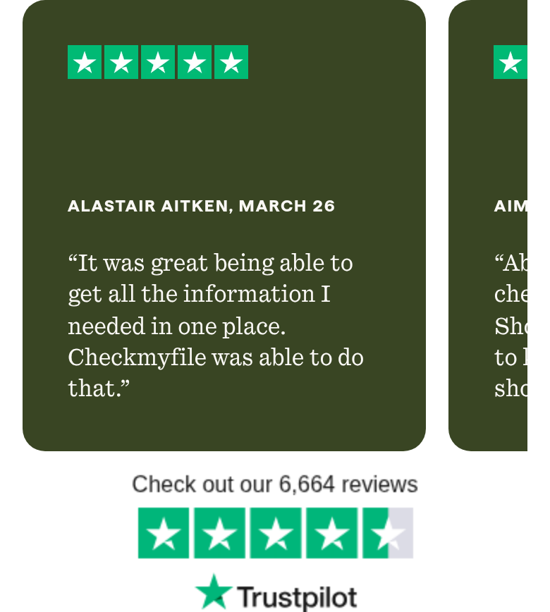Trustpilot Reviews section from Checkmyfile, on a phone