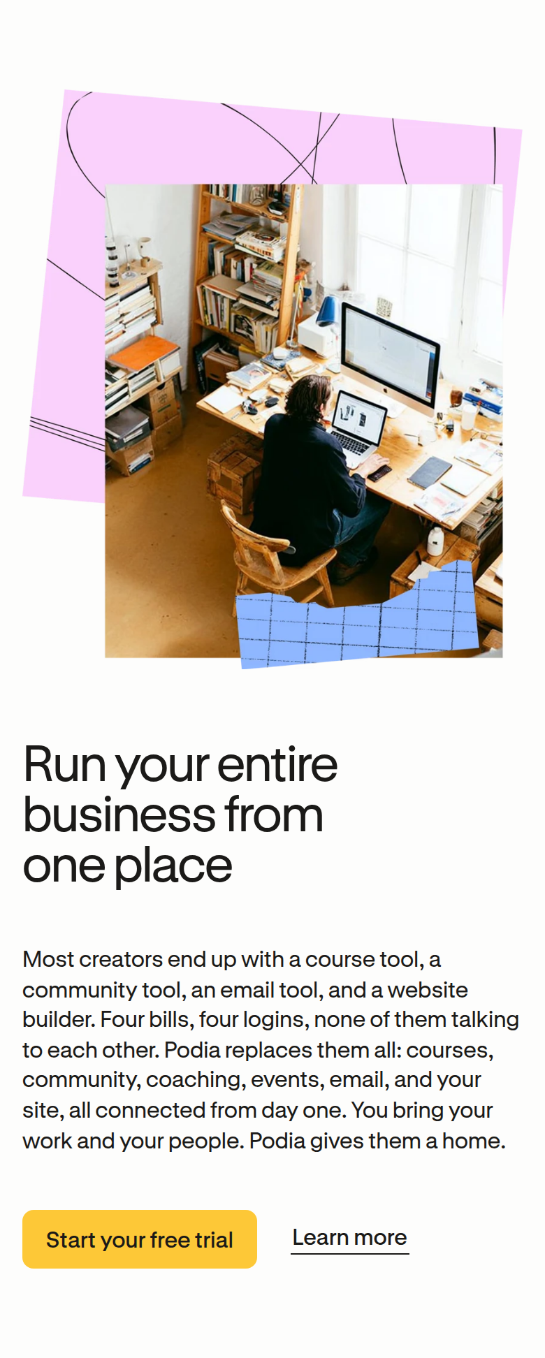 Run Your Entire Business section from Podia, on a phone