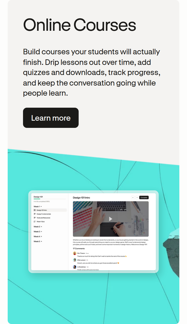 Online Courses section from Podia, on a phone