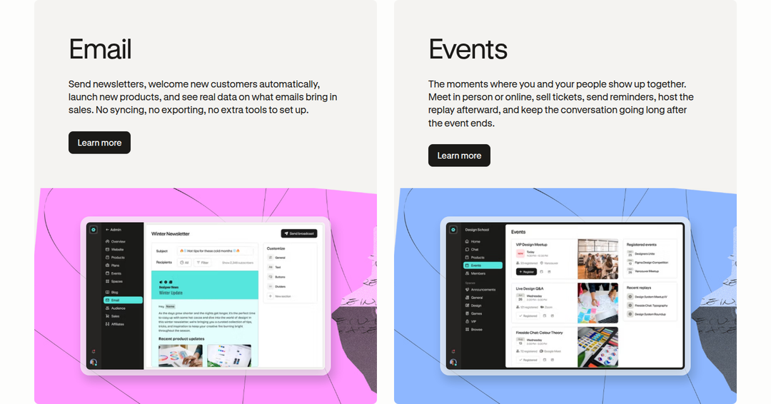 Email and Events section from Podia