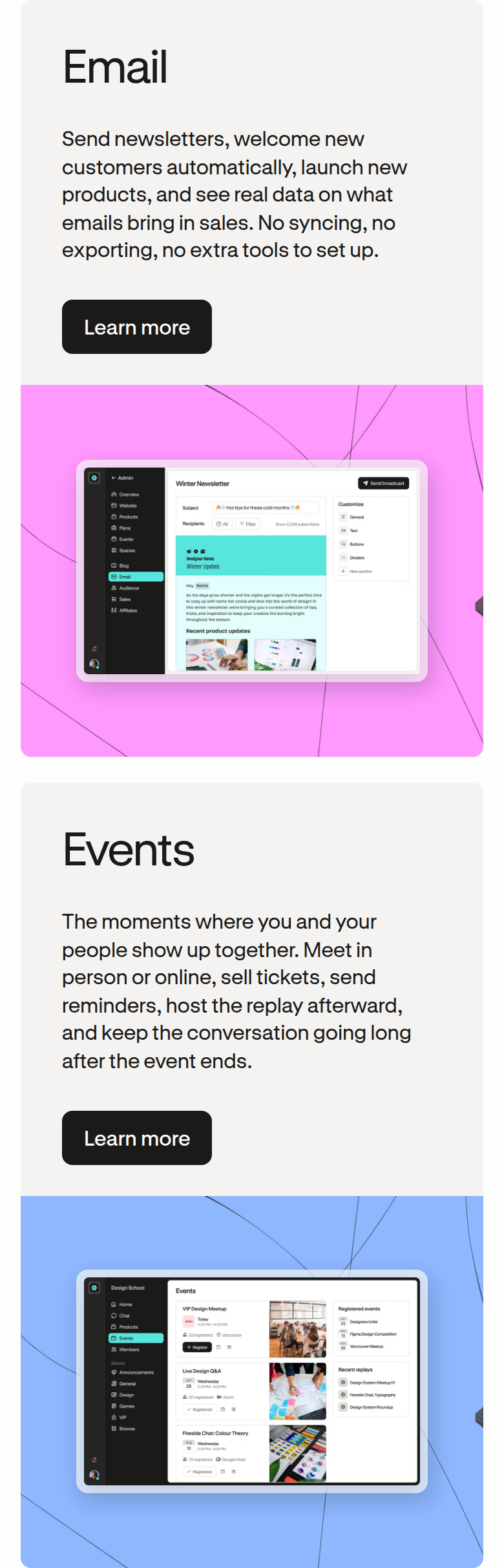 Email and Events section from Podia, on a phone