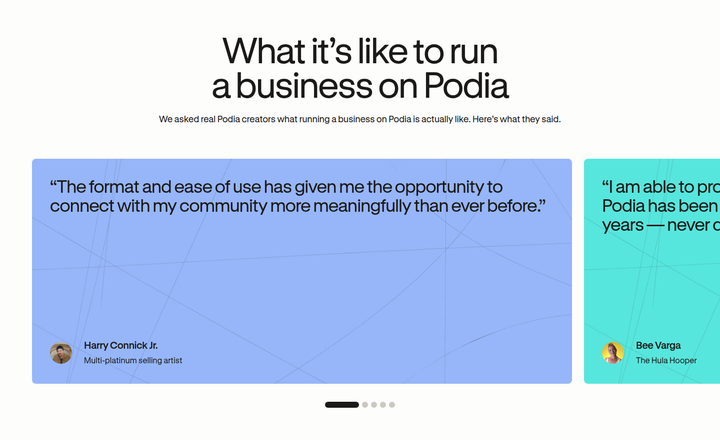 Creator Testimonials section from Podia