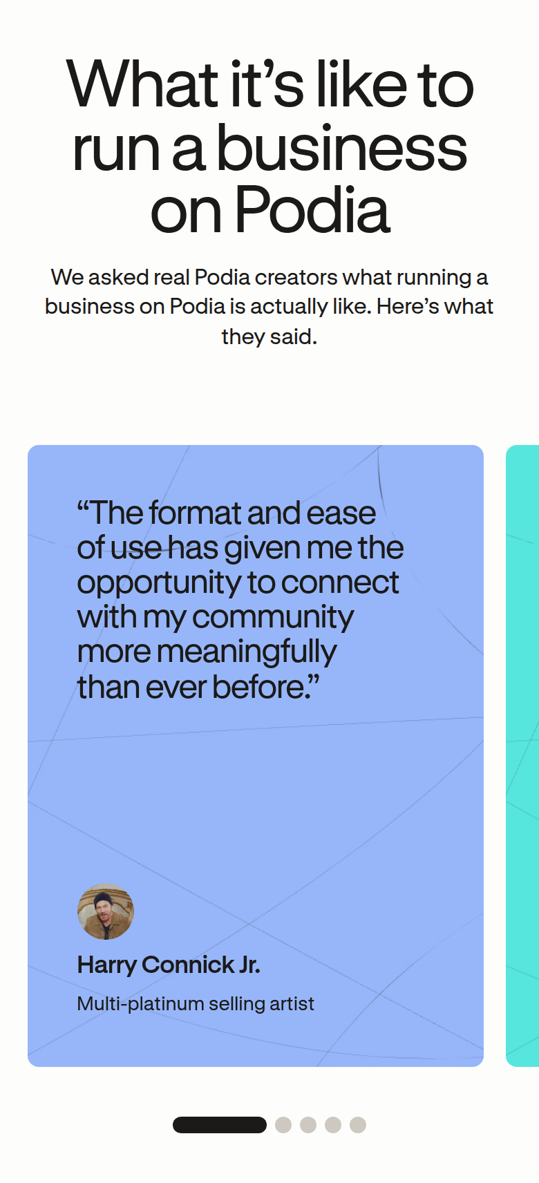 Creator Testimonials section from Podia, on a phone