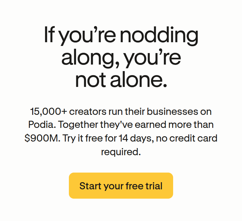 Free Trial CTA section from Podia, on a phone