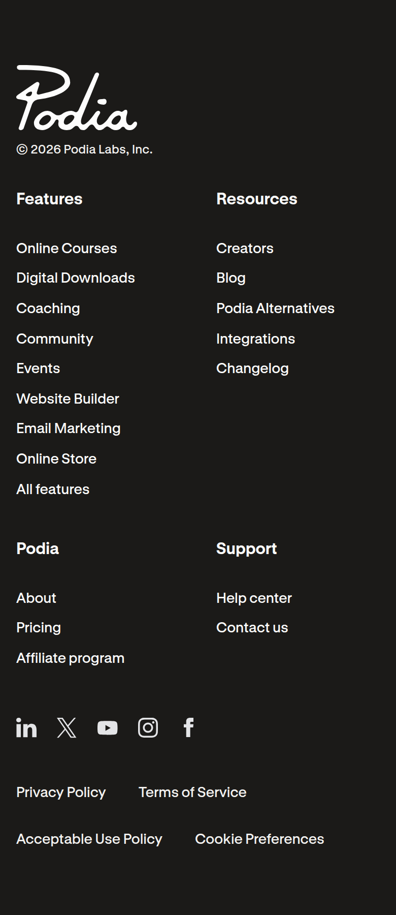 Footer section from Podia, on a phone