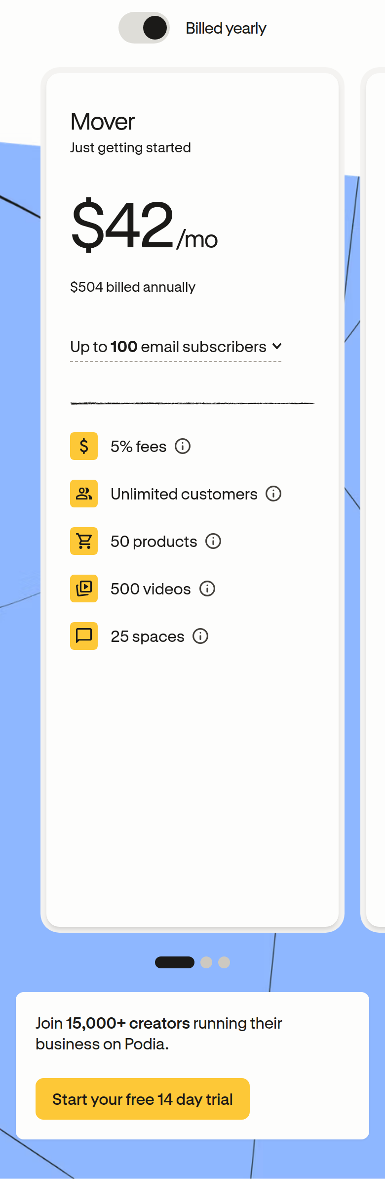 Pricing Plans section from Podia, on a phone