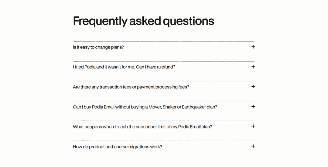 FAQs section from Podia