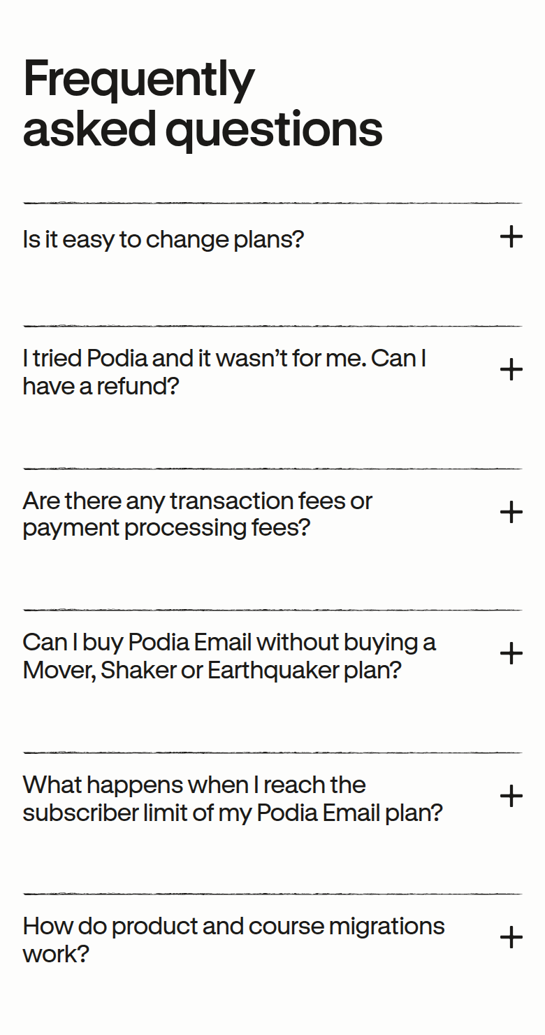 FAQs section from Podia, on a phone